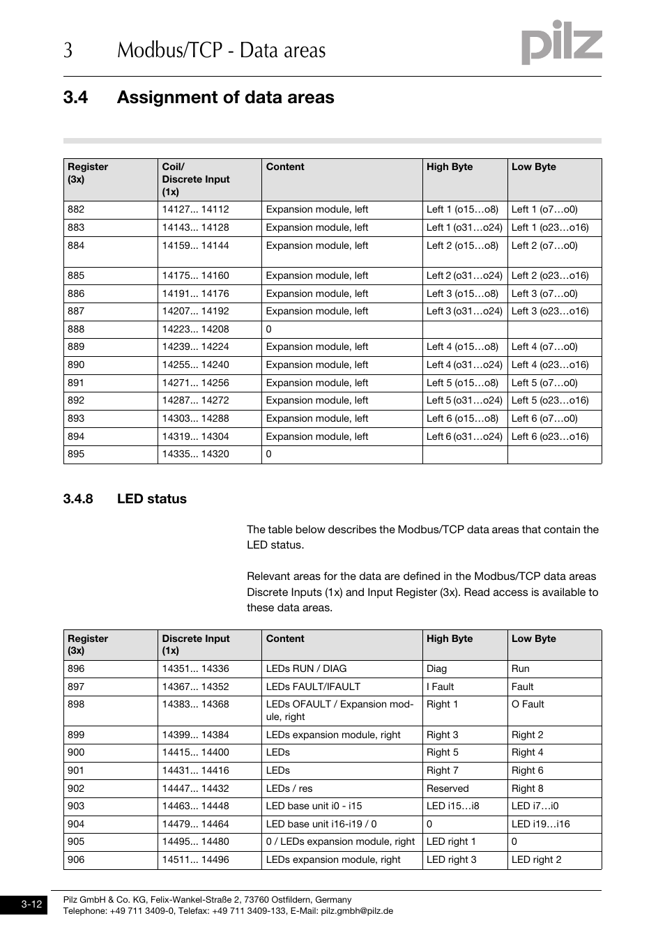 8 led status, 3modbus/tcp - data areas, 4 assignment of data areas | Pilz PNOZ mmc1p ETH User Manual | Page 22 / 47