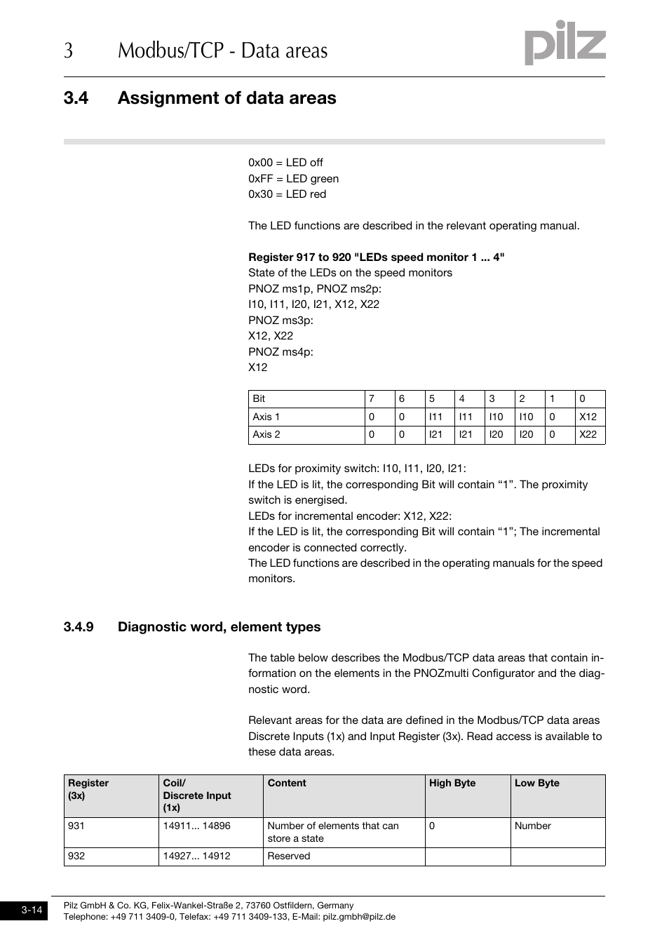 9 diagnostic word, element types, 3modbus/tcp - data areas, 4 assignment of data areas | Pilz PNOZ mmc1p ETH User Manual | Page 24 / 47