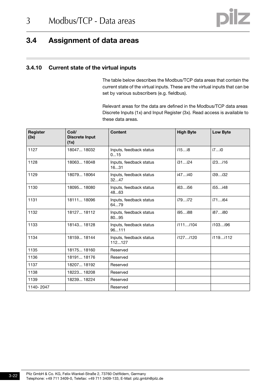 10 current state of the virtual inputs, 3modbus/tcp - data areas, 4 assignment of data areas | Pilz PNOZ mmc1p ETH User Manual | Page 32 / 47