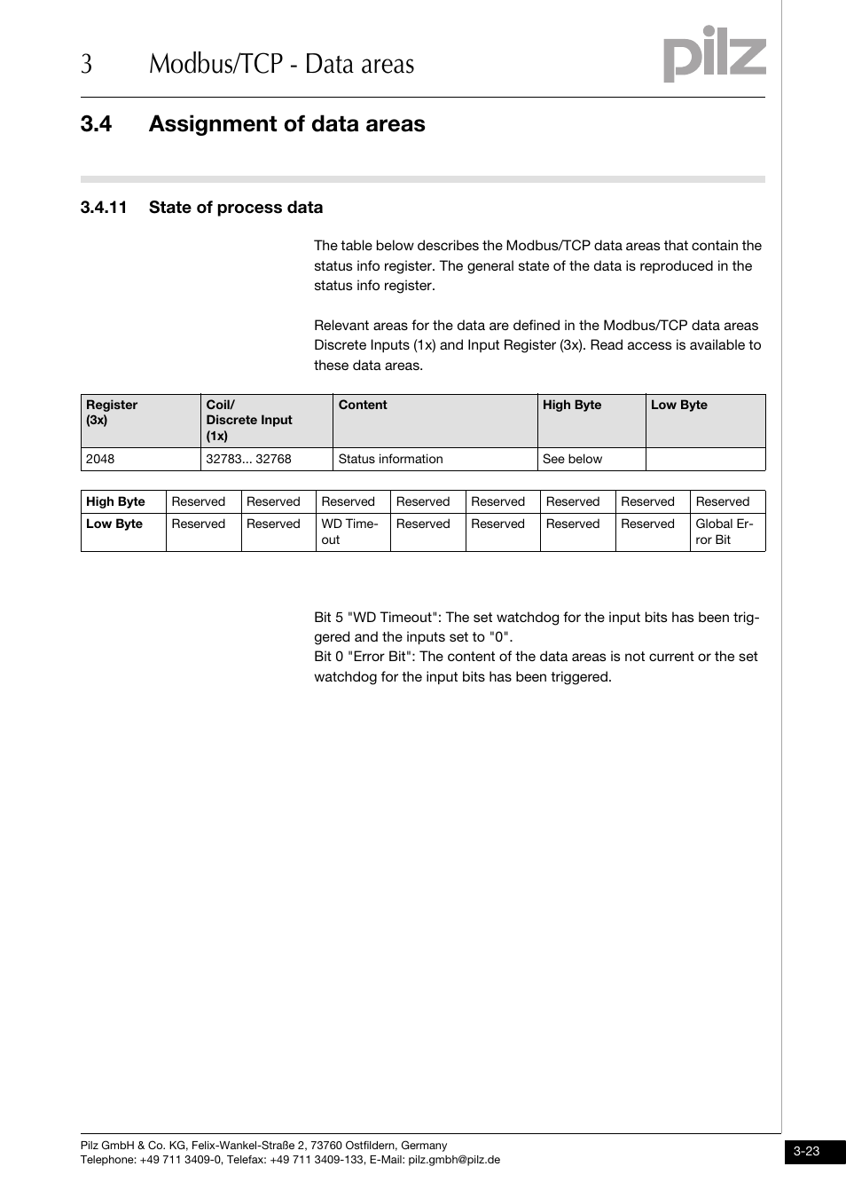 11 state of process data, 3modbus/tcp - data areas, 4 assignment of data areas | Pilz PNOZ mmc1p ETH User Manual | Page 33 / 47