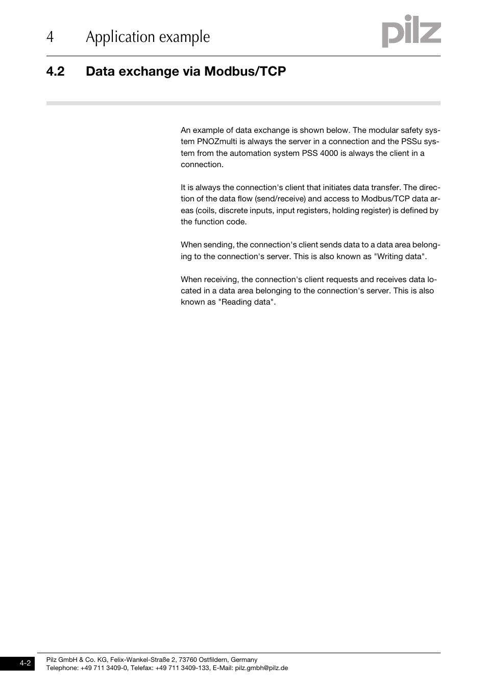 Data exchange via modbus/tcp, 4application example, 2 data exchange via modbus/tcp | Pilz PNOZ mmc1p ETH User Manual | Page 38 / 47