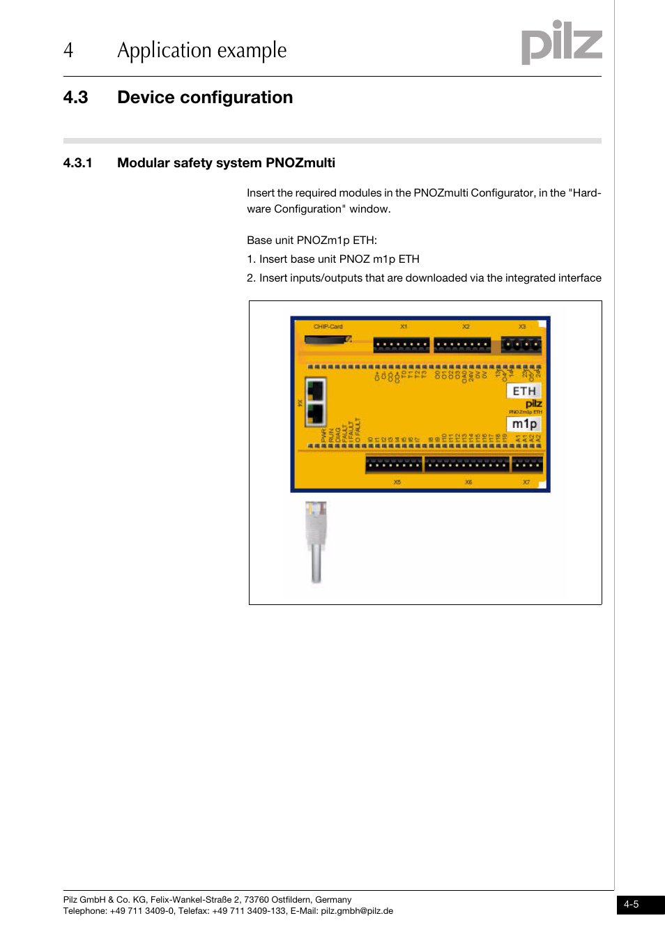 Device configuration, 1 modular safety system pnozmulti, 4application example | 3 device configuration | Pilz PNOZ mmc1p ETH User Manual | Page 41 / 47