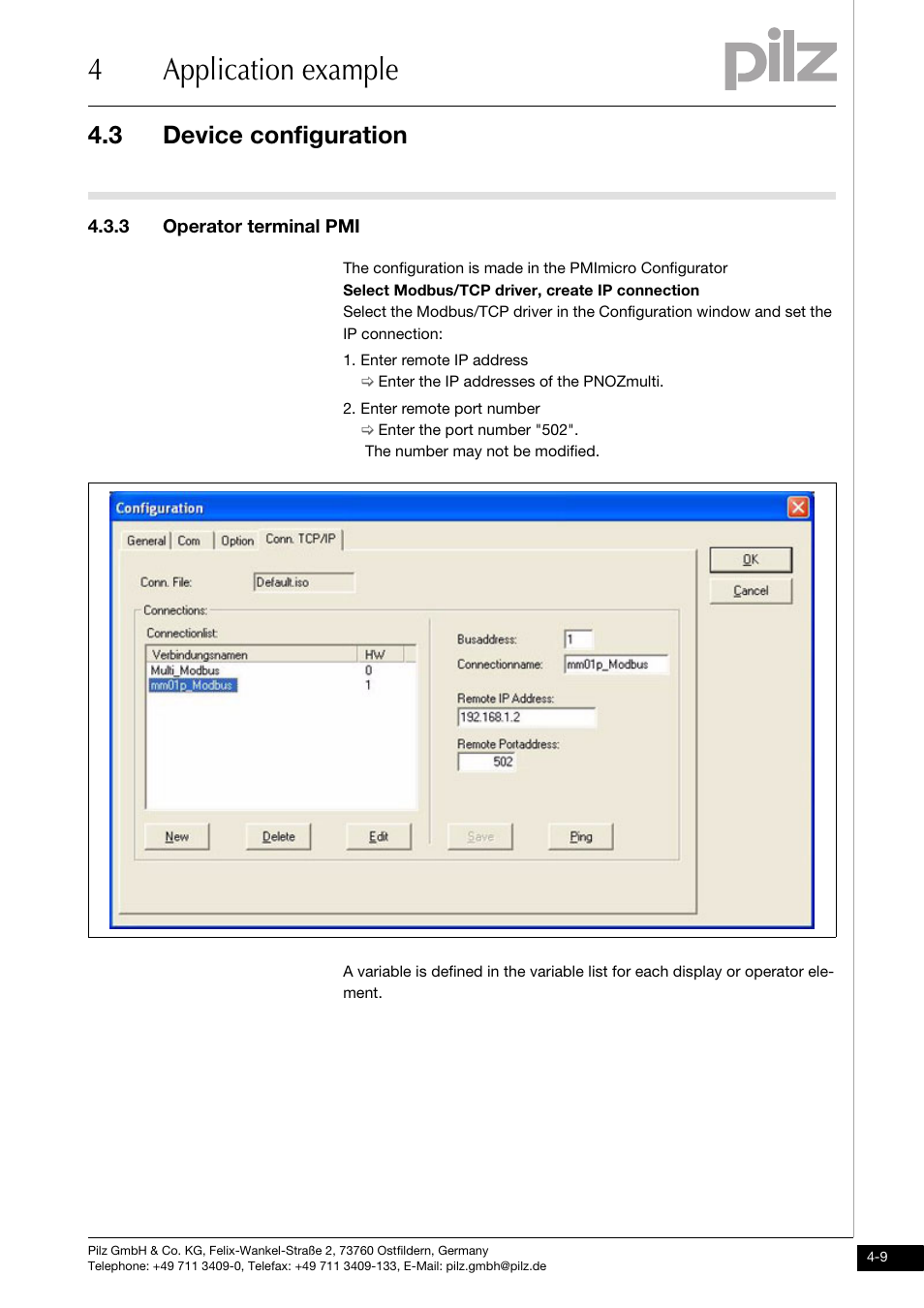 3 operator terminal pmi, 4application example, 3 device configuration | Pilz PNOZ mmc1p ETH User Manual | Page 45 / 47