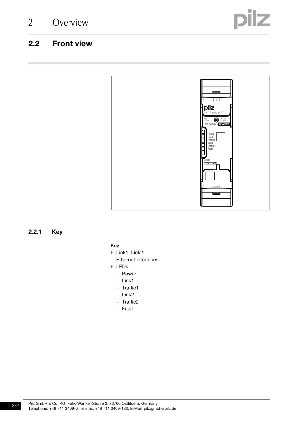 Front view, 1 key, Key 2-2 | 2overview, 2 front view | Pilz PNOZ mmc1p ETH User Manual | Page 10 / 31