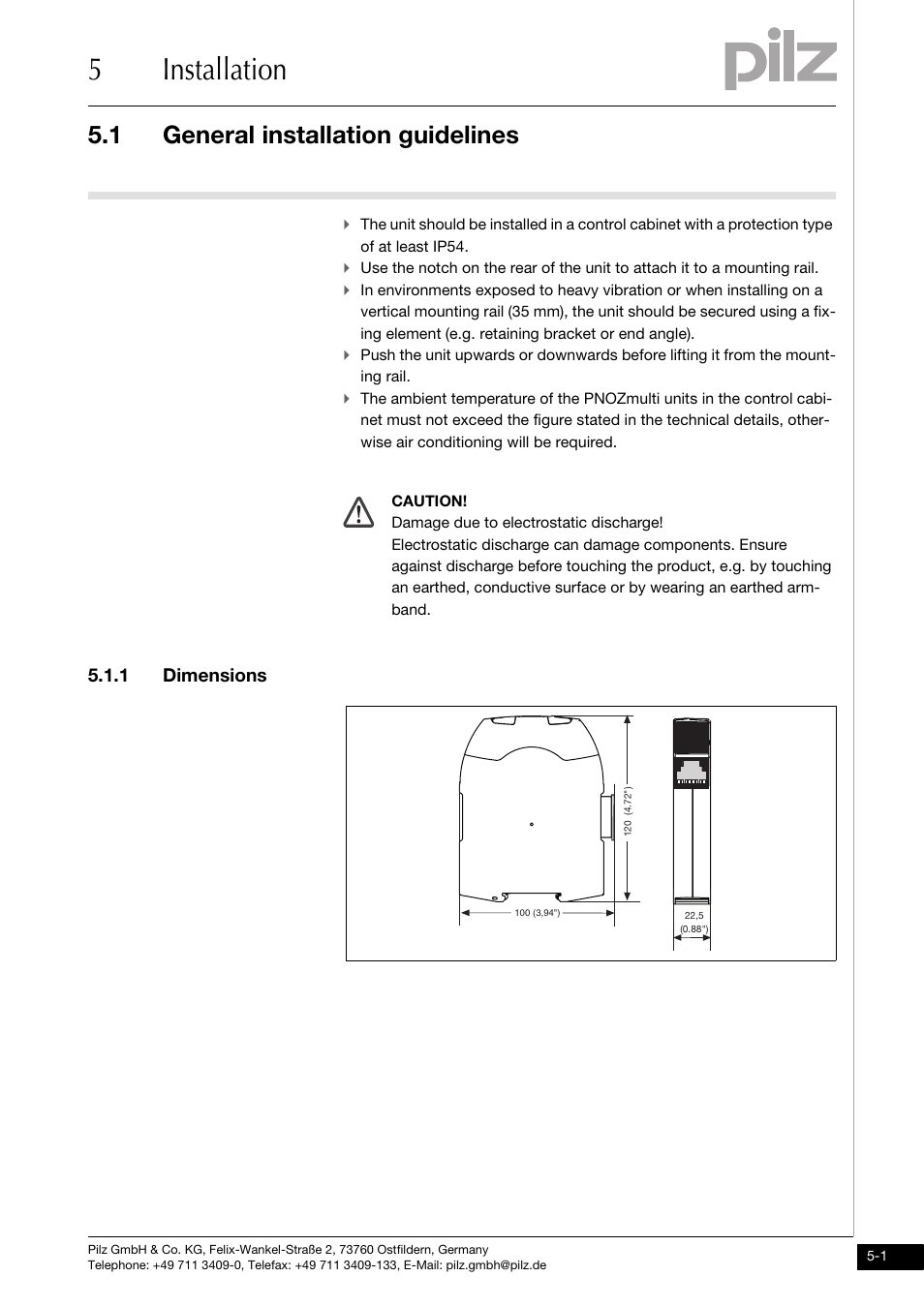 Installation, General installation guidelines, 1 dimensions | 5installation, 1 general installation guidelines | Pilz PNOZ mmc1p ETH User Manual | Page 17 / 31