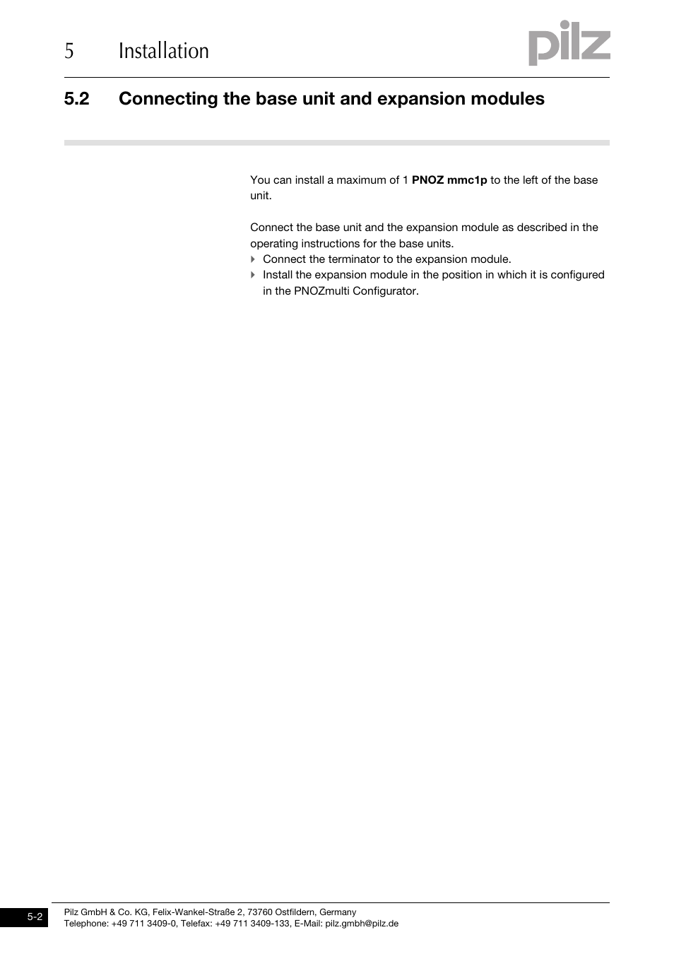 Connecting the base unit and expansion modules, 5installation, 2 connecting the base unit and expansion modules | Pilz PNOZ mmc1p ETH User Manual | Page 18 / 31