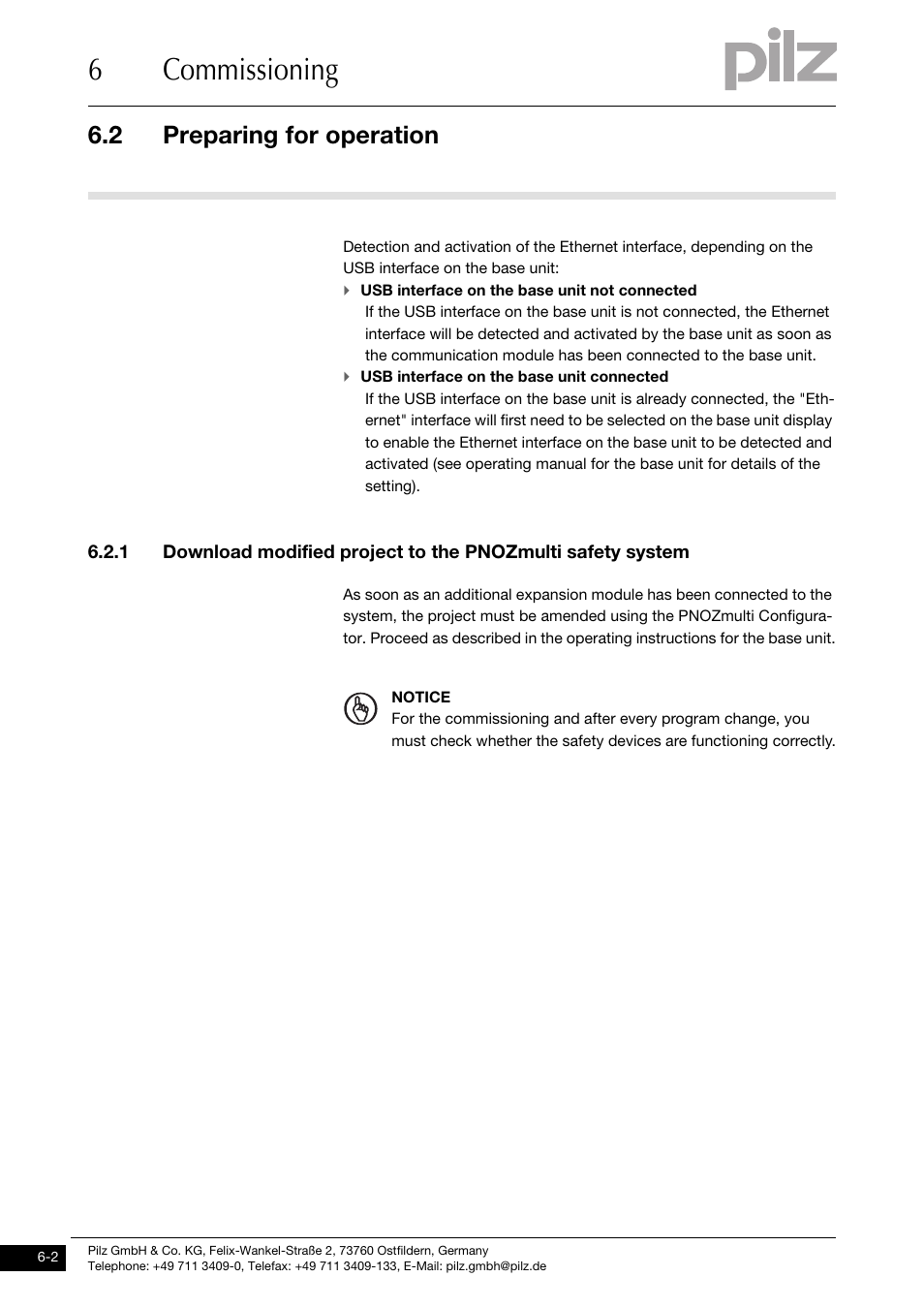 Preparing for operation, 6commissioning, 2 preparing for operation | Pilz PNOZ mmc1p ETH User Manual | Page 20 / 31