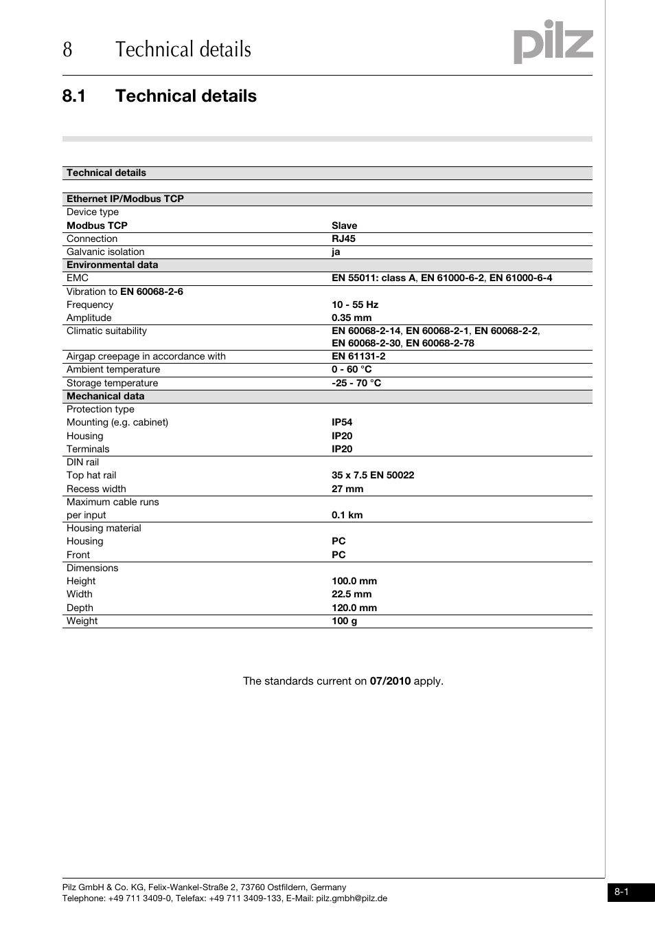 Technical details, 8technical details, 1 technical details | Pilz PNOZ mmc1p ETH User Manual | Page 29 / 31