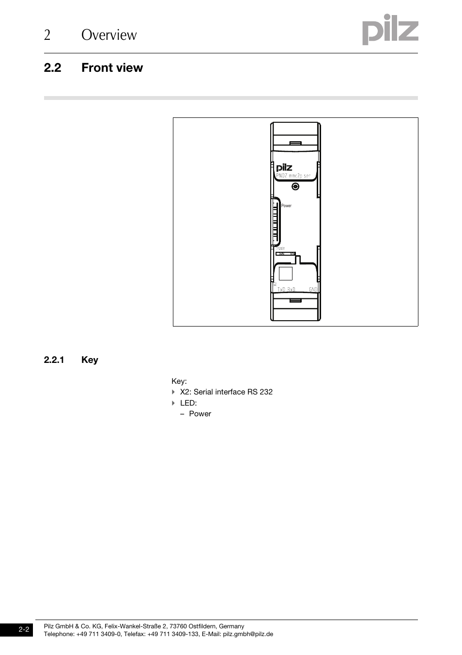 Front view, 1 key, 2overview | 2 front view | Pilz PNOZ mmc2p seriell User Manual | Page 10 / 25