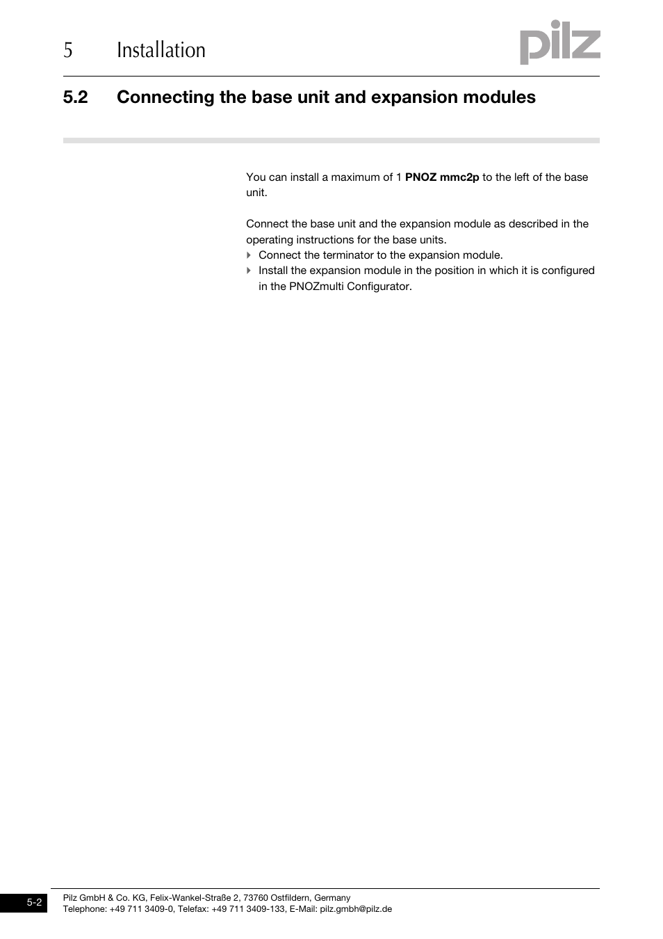 Connecting the base unit and expansion modules, 5installation, 2 connecting the base unit and expansion modules | Pilz PNOZ mmc2p seriell User Manual | Page 18 / 25