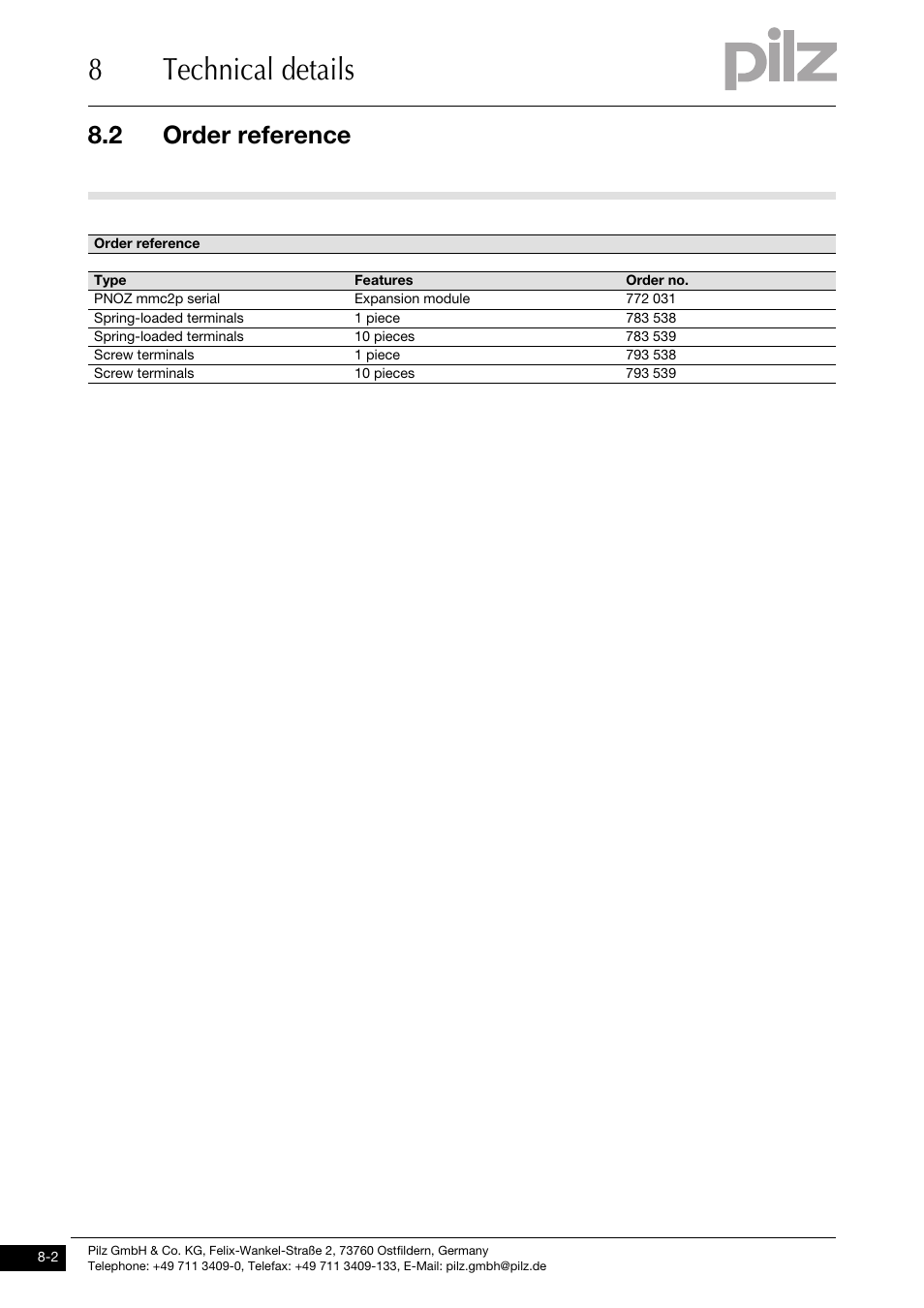 Order reference, 8technical details, 2 order reference | Pilz PNOZ mmc2p seriell User Manual | Page 24 / 25
