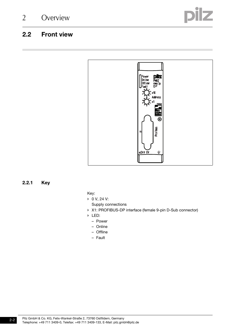 Front view, 1 key, 2overview | 2 front view | Pilz PNOZ mmc3p DP User Manual | Page 10 / 29