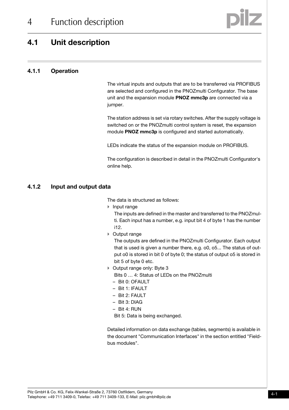 4 function description, Unit description, 1 operation | 2 input and output data, 4function description, 1 unit description | Pilz PNOZ mmc3p DP User Manual | Page 15 / 29