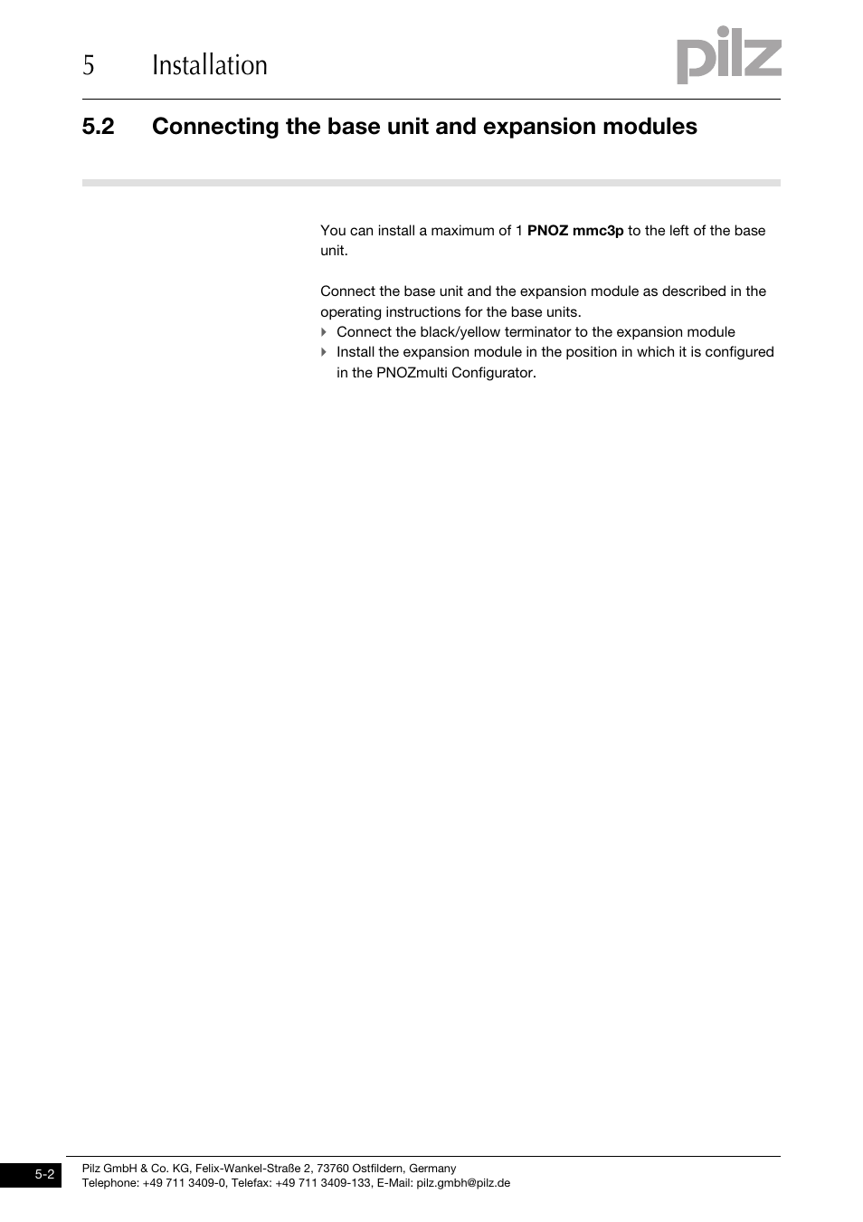 Connecting the base unit and expansion modules, 5installation, 2 connecting the base unit and expansion modules | Pilz PNOZ mmc3p DP User Manual | Page 18 / 29