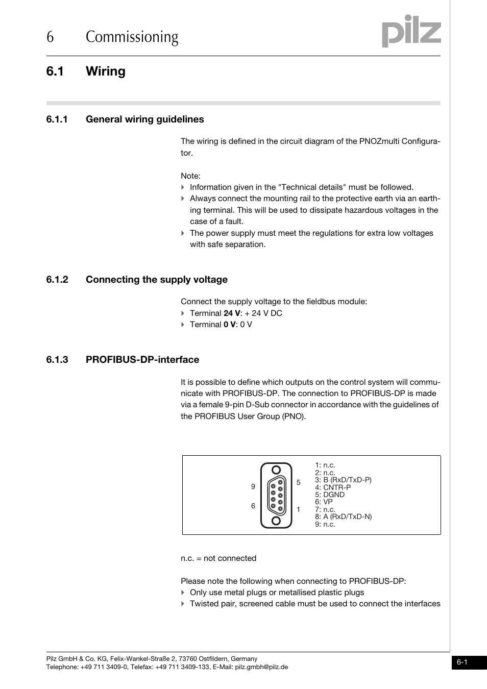 6 commissioning, Wiring, 1 general wiring guidelines | 2 connecting the supply voltage, 3 profibus-dp-interface, 6commissioning, 1 wiring | Pilz PNOZ mmc3p DP User Manual | Page 19 / 29