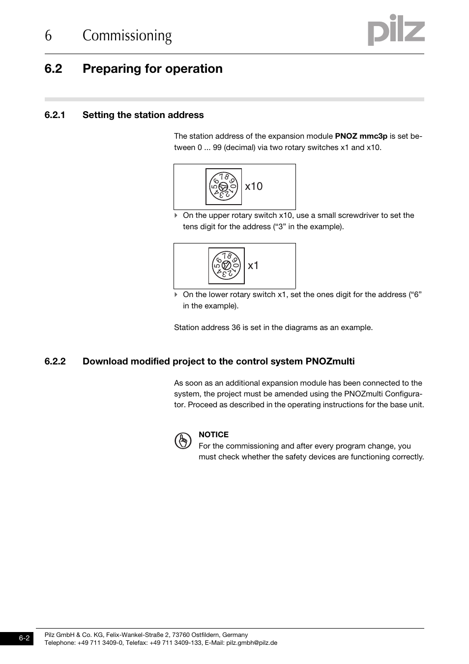 Preparing for operation, 1 setting the station address, 6commissioning | 2 preparing for operation | Pilz PNOZ mmc3p DP User Manual | Page 20 / 29