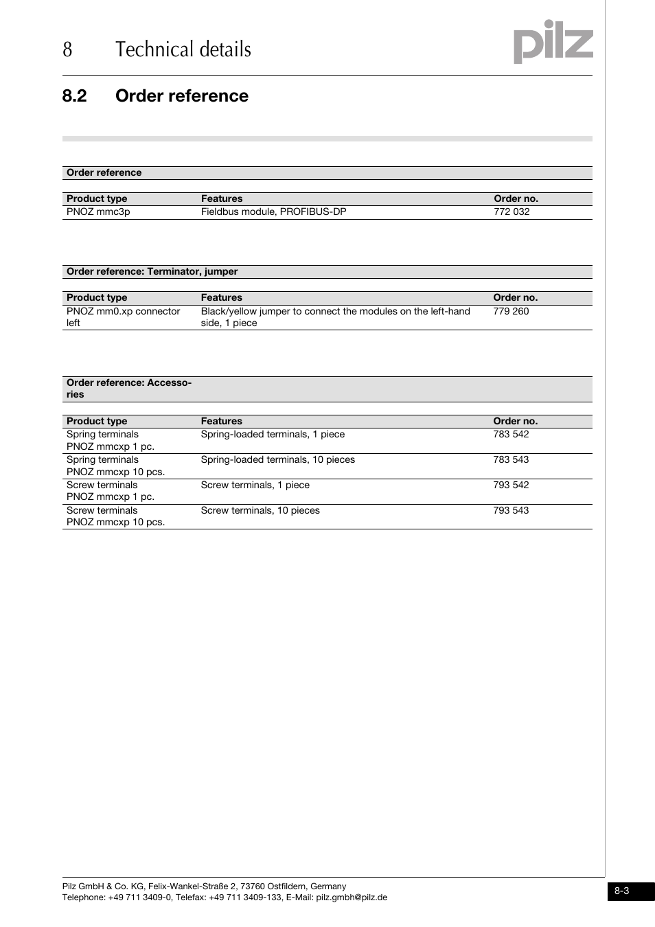 Order reference, 8technical details, 2 order reference | Pilz PNOZ mmc3p DP User Manual | Page 27 / 29