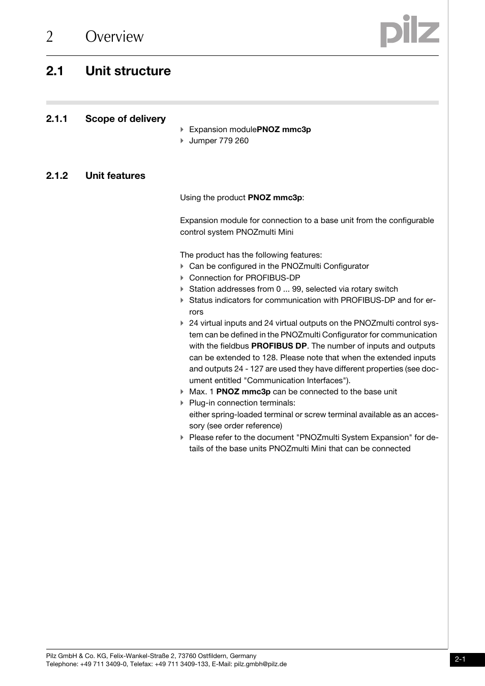 2 overview, Unit structure, 1 scope of delivery | 2 unit features, 2overview, 1 unit structure | Pilz PNOZ mmc3p DP User Manual | Page 9 / 29