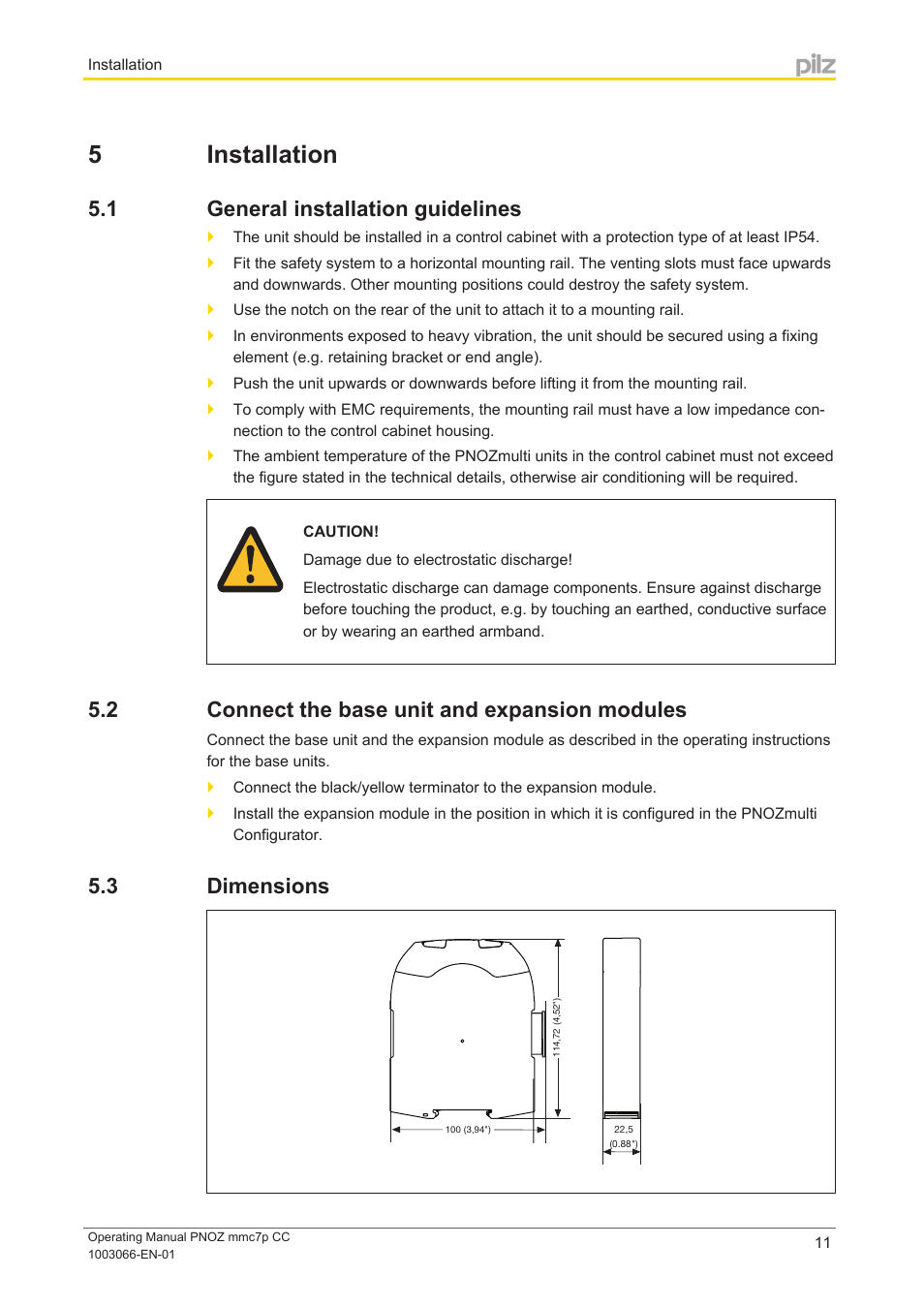 5 installation, 1 general installation guidelines, 2 connect the base unit and expansion modules | 3 dimensions, Section 5, Installation, General installation guidelines, Connect the base unit and expansion modules, Dimensions | Pilz PNOZ mmc7p CC User Manual | Page 11 / 19