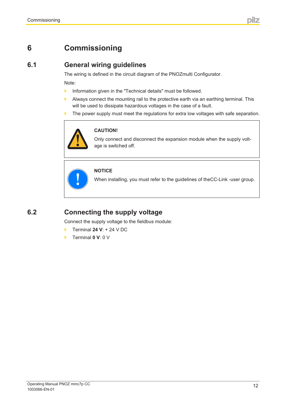 6 commissioning, 1 general wiring guidelines, 2 connecting the supply voltage | Section 6, Commissioning, General wiring guidelines, Connecting the supply voltage | Pilz PNOZ mmc7p CC User Manual | Page 12 / 19