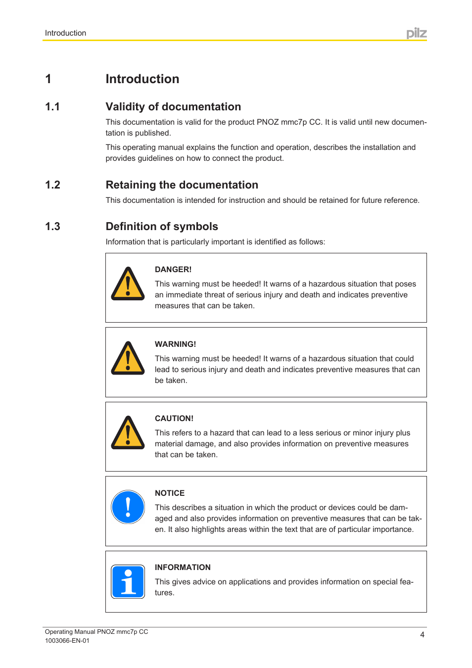 1 introduction, 1 validity of documentation, 2 retaining the documentation | 3 definition of symbols, Section 1, Introduction, Validity of documentation, Retaining the documentation, Definition of symbols | Pilz PNOZ mmc7p CC User Manual | Page 4 / 19