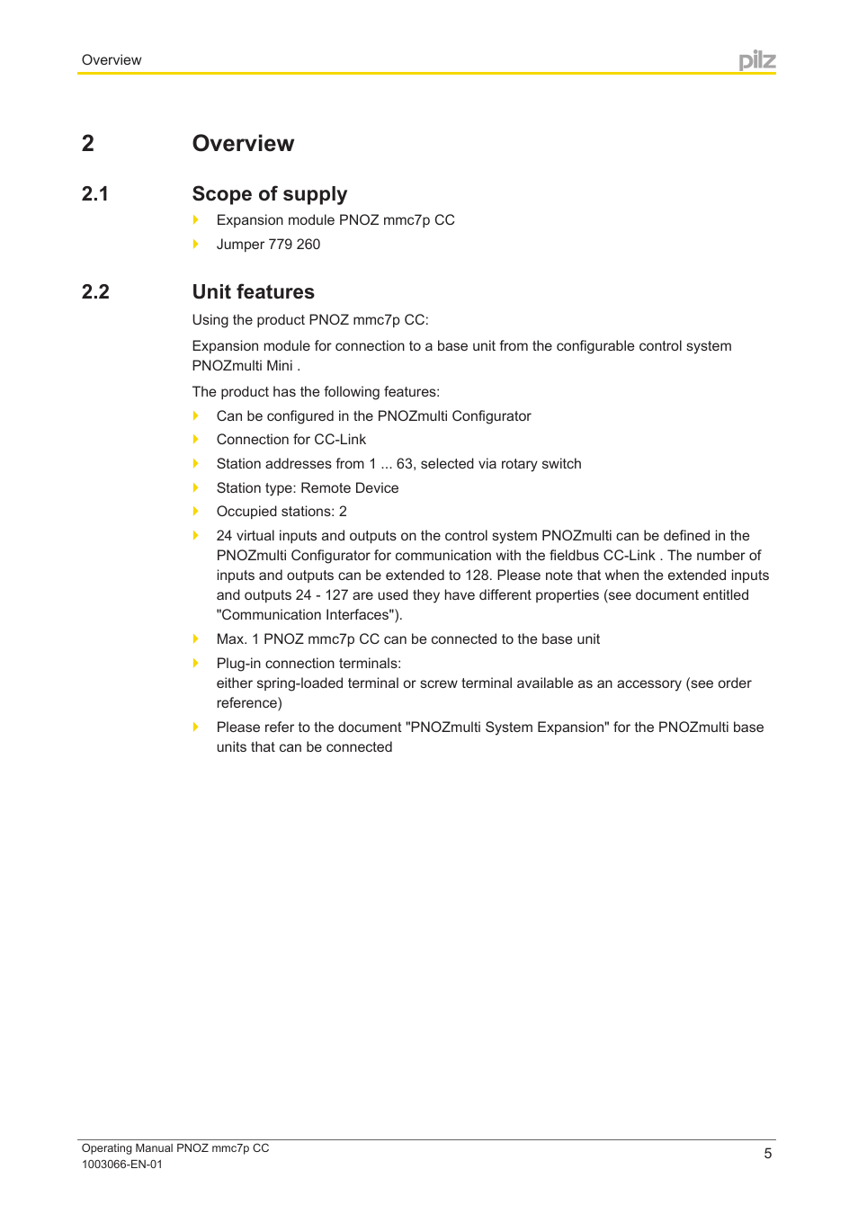 2 overview, 1 scope of supply, 2 unit features | Section 2, Overview, Scope of supply, Unit features | Pilz PNOZ mmc7p CC User Manual | Page 5 / 19