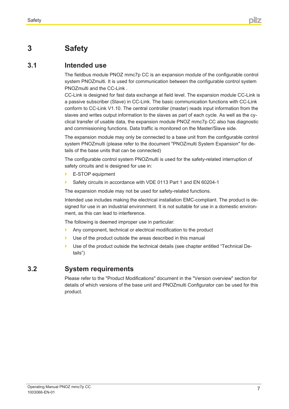 3 safety, 1 intended use, 2 system requirements | Section 3, Safety, Intended use, System requirements | Pilz PNOZ mmc7p CC User Manual | Page 7 / 19