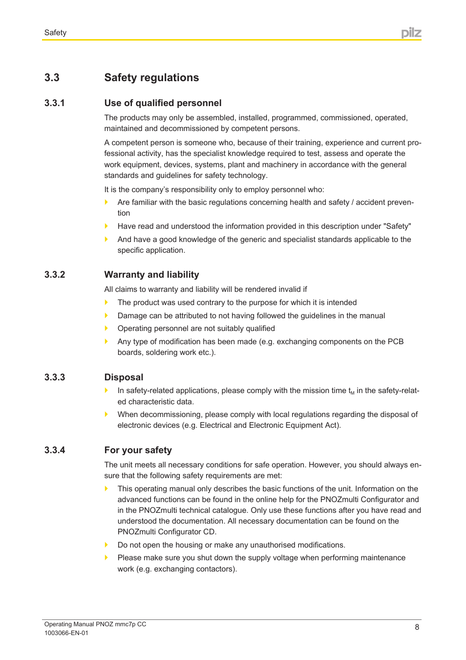 3 safety regulations, 1 use of qualified personnel, 2 warranty and liability | 3 disposal, 4 for your safety, Safety regulations, Use of qualified personnel, Warranty and liability, Disposal, For your safety | Pilz PNOZ mmc7p CC User Manual | Page 8 / 19