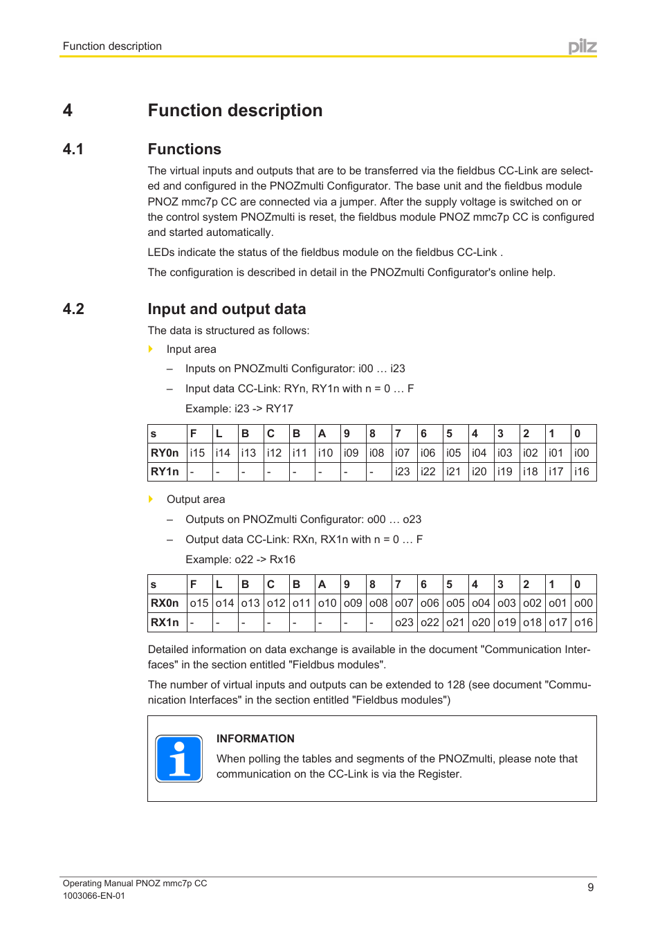 4 function description, 1 functions, 2 input and output data | Section 4, Function description, Functions, Input and output data | Pilz PNOZ mmc7p CC User Manual | Page 9 / 19