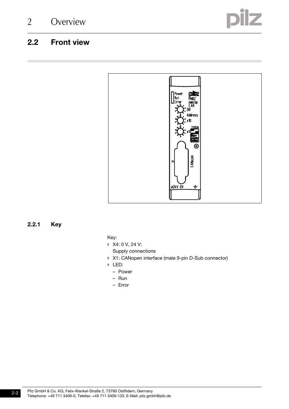 Front view, 1 key, 2overview | 2 front view | Pilz PNOZ mmc6p CAN User Manual | Page 10 / 29