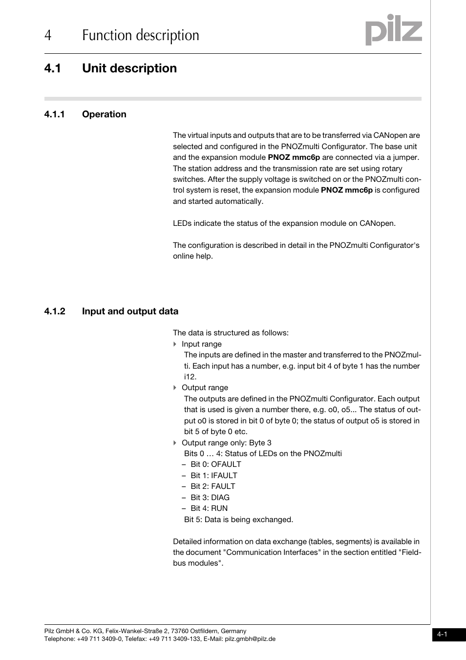 4 function description, Unit description, 1 operation | 2 input and output data, 4function description, 1 unit description | Pilz PNOZ mmc6p CAN User Manual | Page 15 / 29