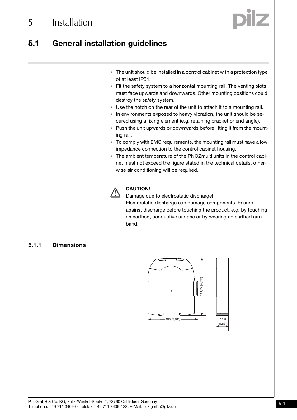 5 installation, General installation guidelines, 1 dimensions | 5installation, 1 general installation guidelines | Pilz PNOZ mmc6p CAN User Manual | Page 17 / 29