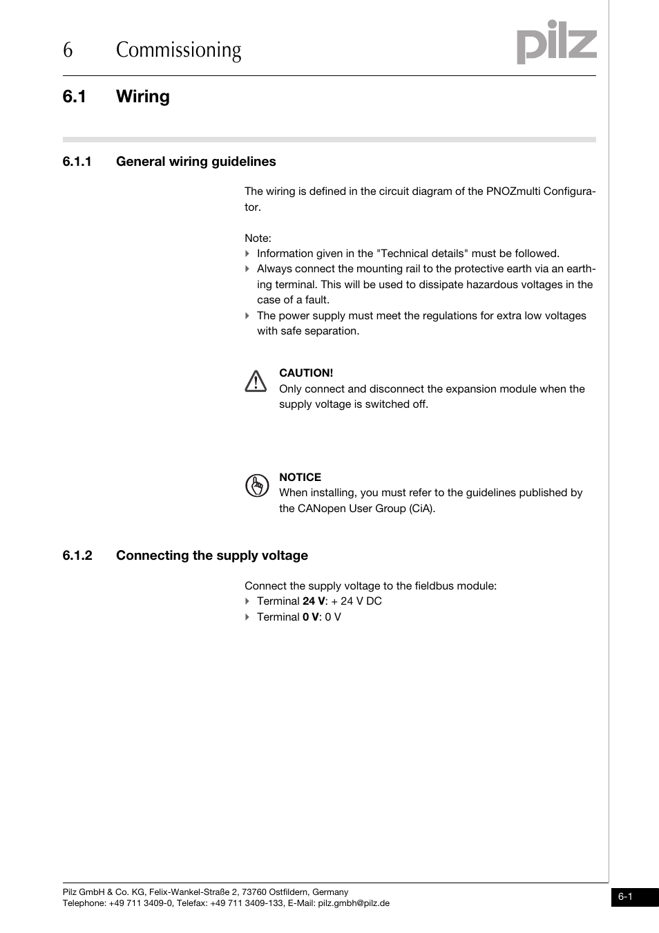 6 commissioning, Wiring, 1 general wiring guidelines | 2 connecting the supply voltage, 6commissioning, 1 wiring | Pilz PNOZ mmc6p CAN User Manual | Page 19 / 29