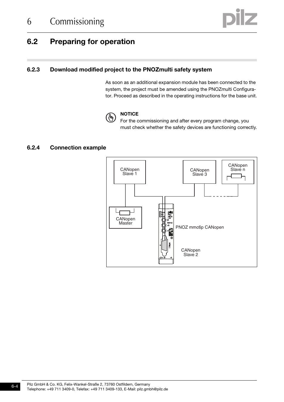 4 connection example, 6commissioning, 2 preparing for operation | Pilz PNOZ mmc6p CAN User Manual | Page 22 / 29