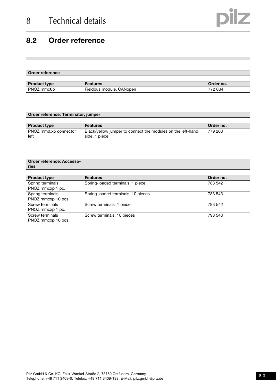 Order reference, 8technical details, 2 order reference | Pilz PNOZ mmc6p CAN User Manual | Page 27 / 29