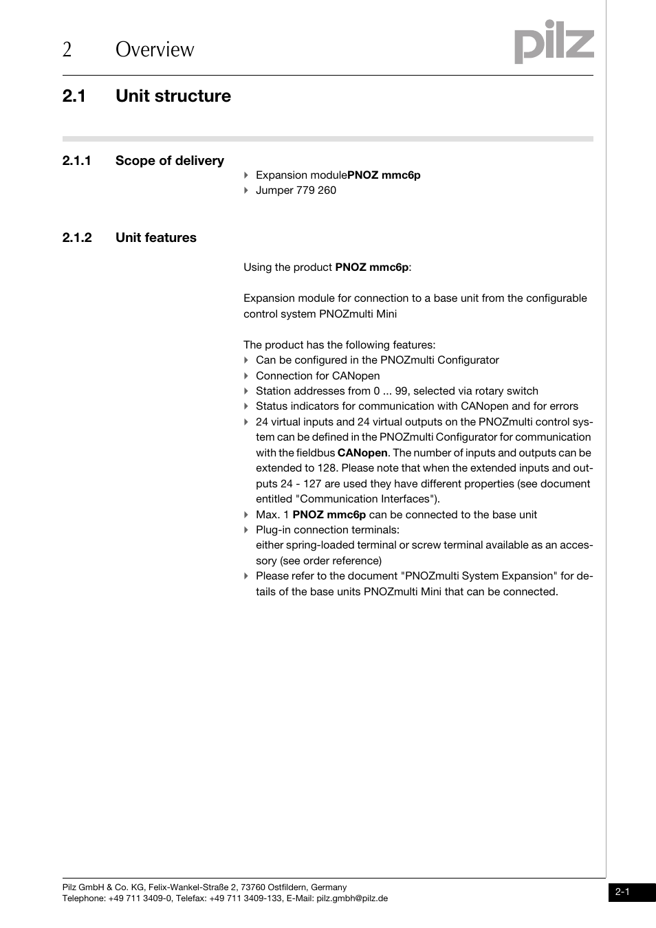 2 overview, Unit structure, 1 scope of delivery | 2 unit features, 2overview, 1 unit structure | Pilz PNOZ mmc6p CAN User Manual | Page 9 / 29