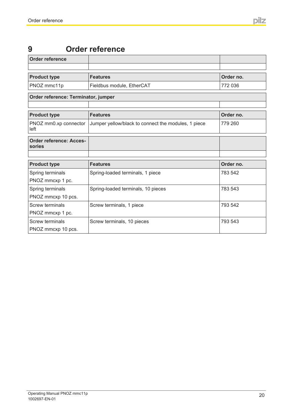 9 order reference, Section 9, Order reference | Pilz PNOZ mmc11p CAT User Manual | Page 20 / 21