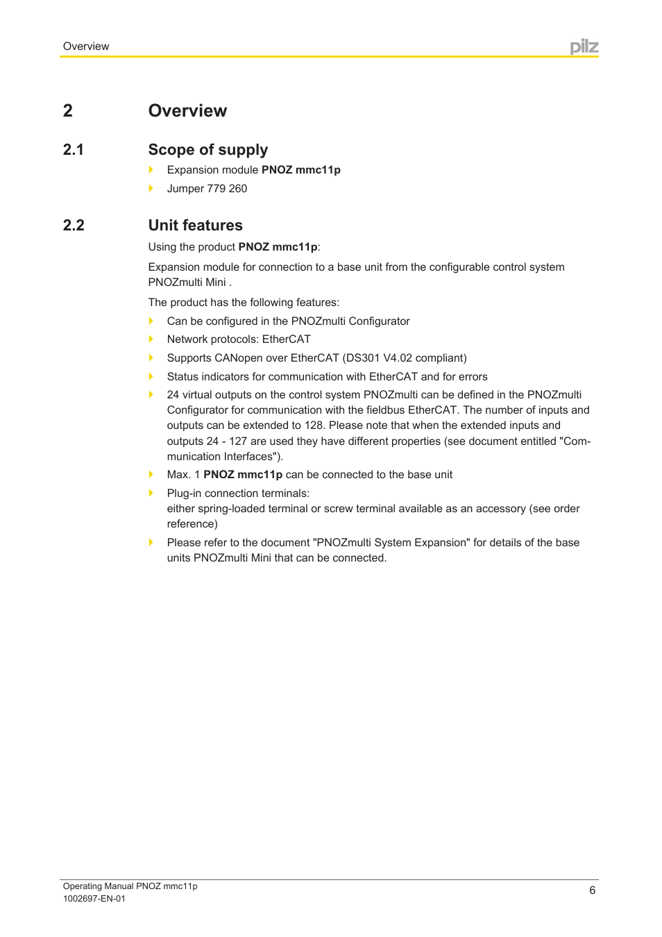 2 overview, 1 scope of supply, 2 unit features | Section 2, Overview, Scope of supply, Unit features | Pilz PNOZ mmc11p CAT User Manual | Page 6 / 21