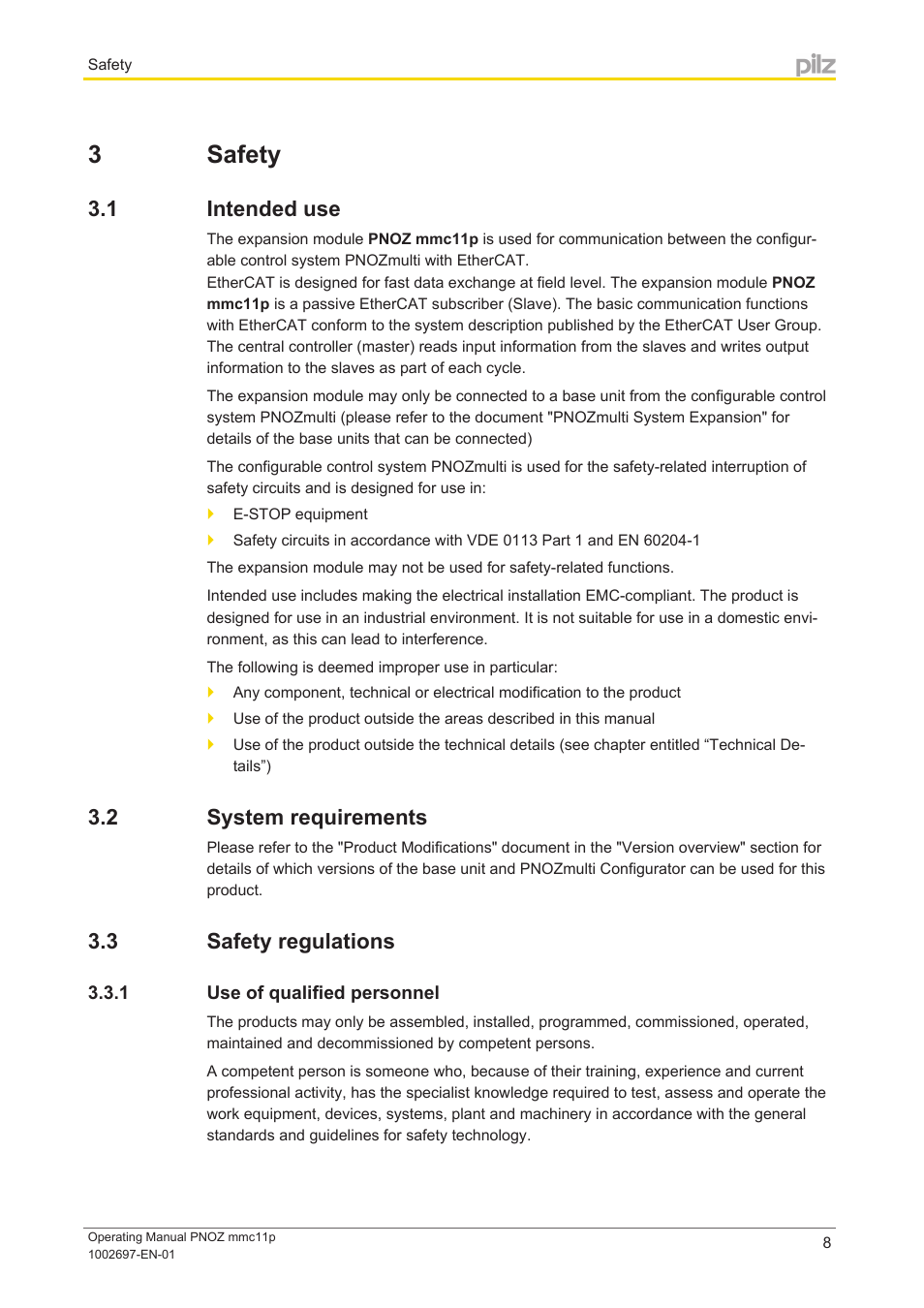 3 safety, 1 intended use, 2 system requirements | 3 safety regulations, 1 use of qualified personnel, Section 3, Safety, Intended use, System requirements, Safety regulations | Pilz PNOZ mmc11p CAT User Manual | Page 8 / 21