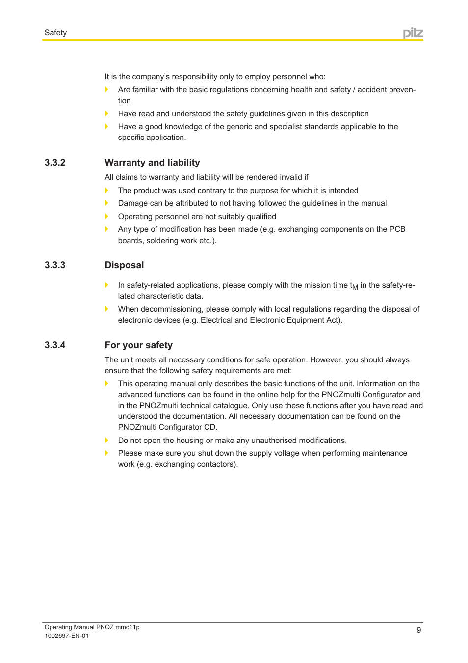 2 warranty and liability, 3 disposal, 4 for your safety | Warranty and liability, Disposal, For your safety | Pilz PNOZ mmc11p CAT User Manual | Page 9 / 21