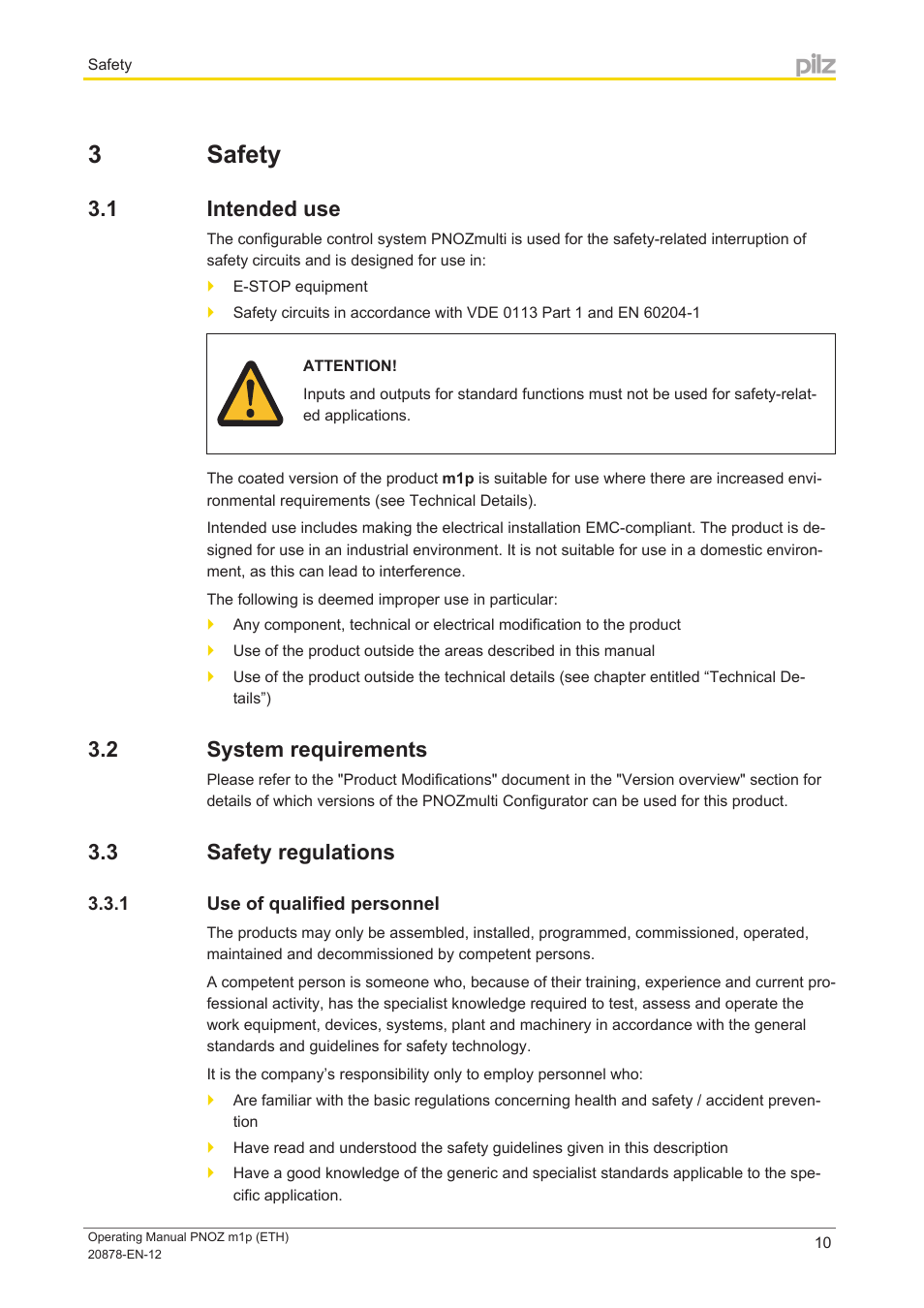 3 safety, 1 intended use, 2 system requirements | 3 safety regulations, 1 use of qualified personnel, Section 3, Safety, Intended use, System requirements, Safety regulations | Pilz PNOZ m1p base unit User Manual | Page 10 / 40