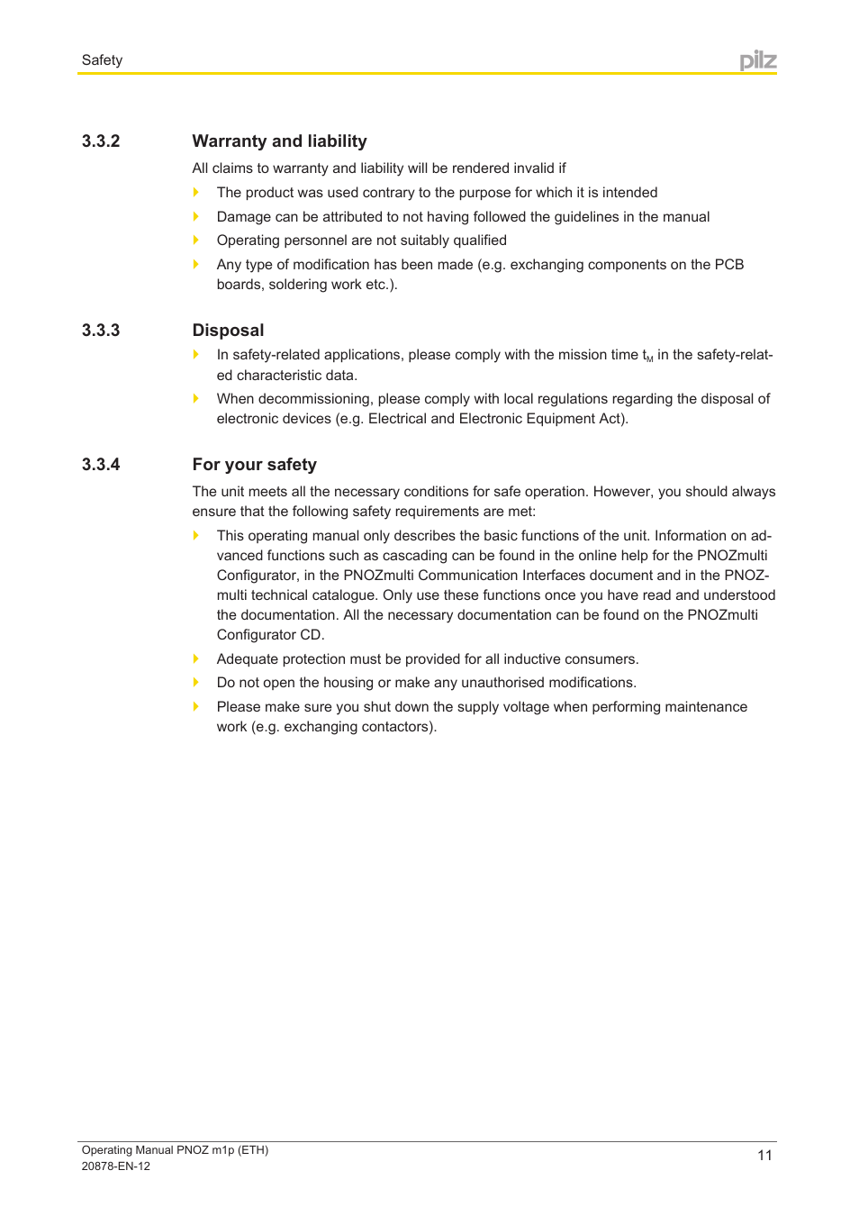 2 warranty and liability, 3 disposal, 4 for your safety | Warranty and liability, Disposal, For your safety | Pilz PNOZ m1p base unit User Manual | Page 11 / 40