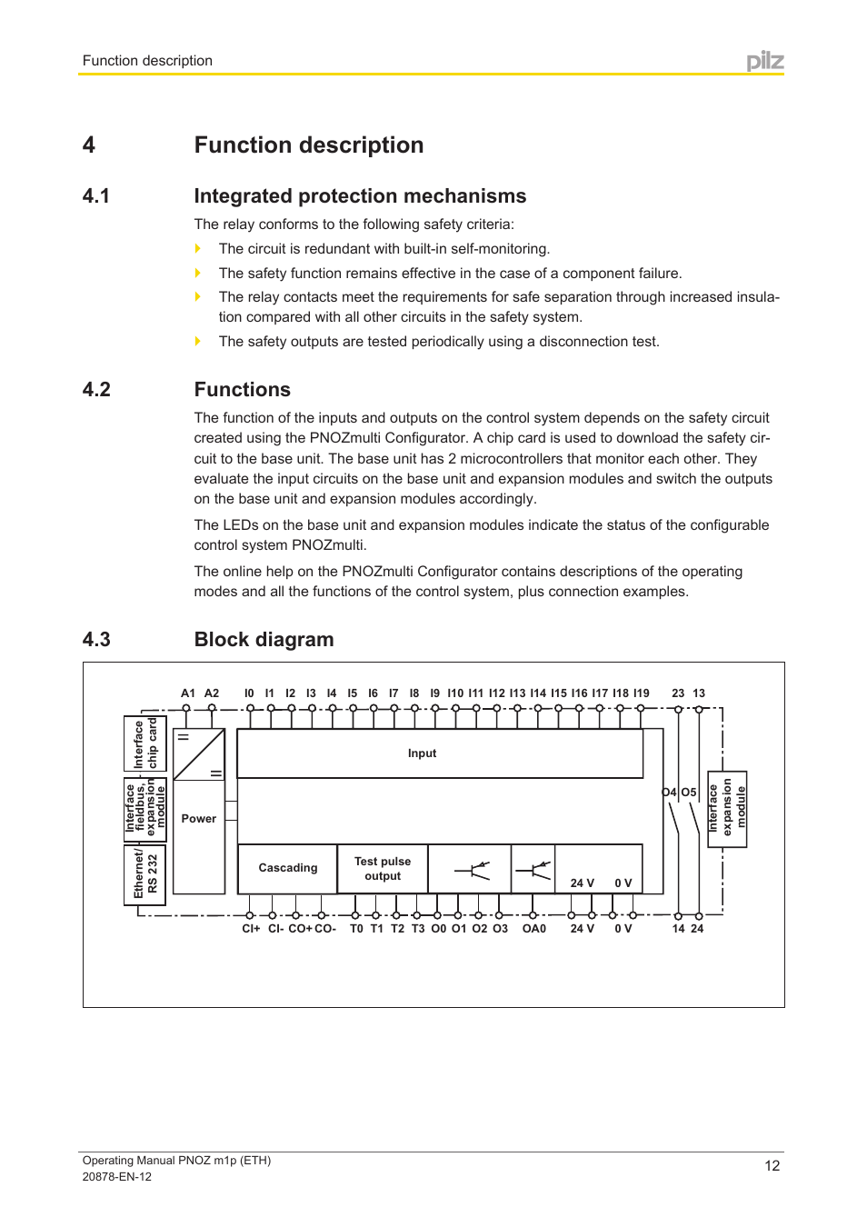 4 function description, 1 integrated protection mechanisms, 2 functions | 3 block diagram, Section 4, Function description, Integrated protection mechanisms, Functions, Block diagram | Pilz PNOZ m1p base unit User Manual | Page 12 / 40