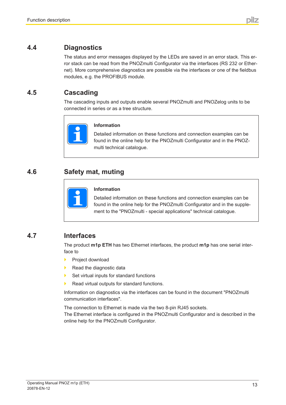 4 diagnostics, 5 cascading, 6 safety mat, muting | 7 interfaces, Diagnostics, Cascading, Safety mat, muting, Interfaces | Pilz PNOZ m1p base unit User Manual | Page 13 / 40