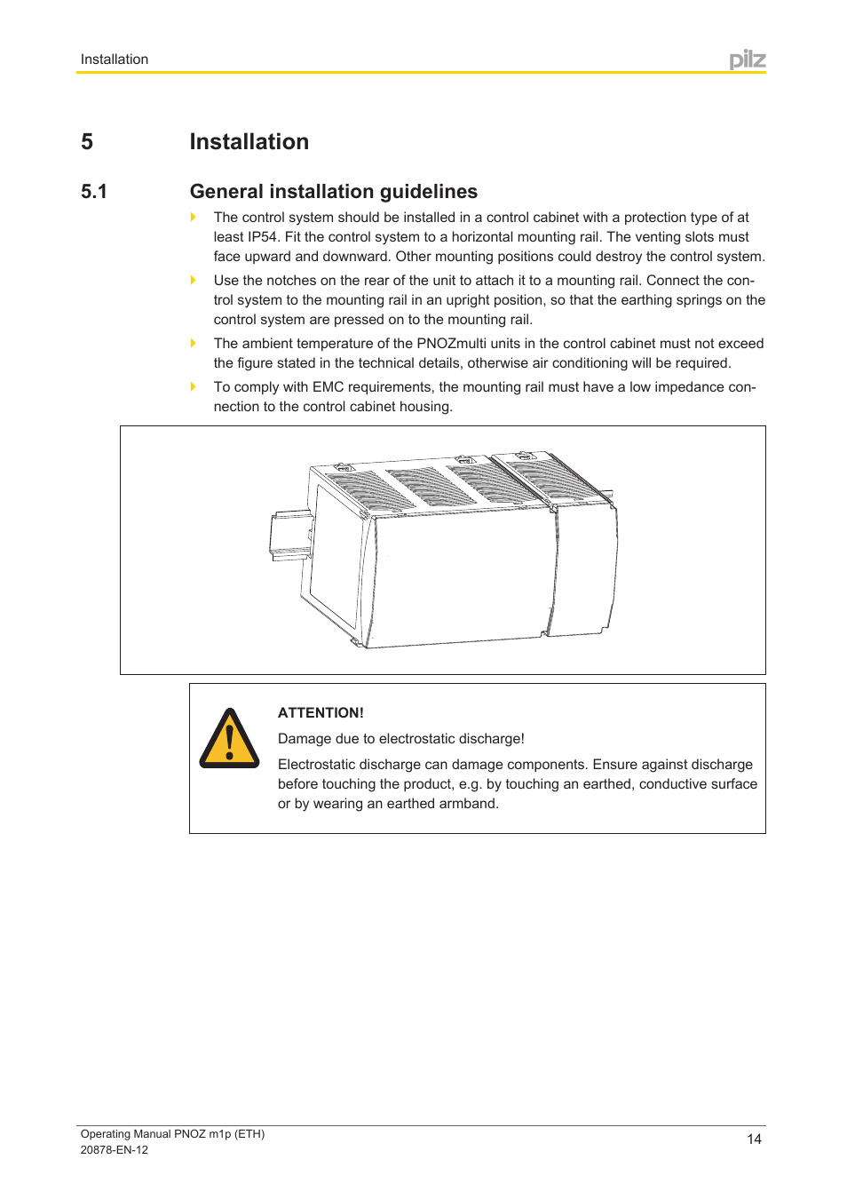 5 installation, 1 general installation guidelines, Section 5 | Installation, General installation guidelines | Pilz PNOZ m1p base unit User Manual | Page 14 / 40