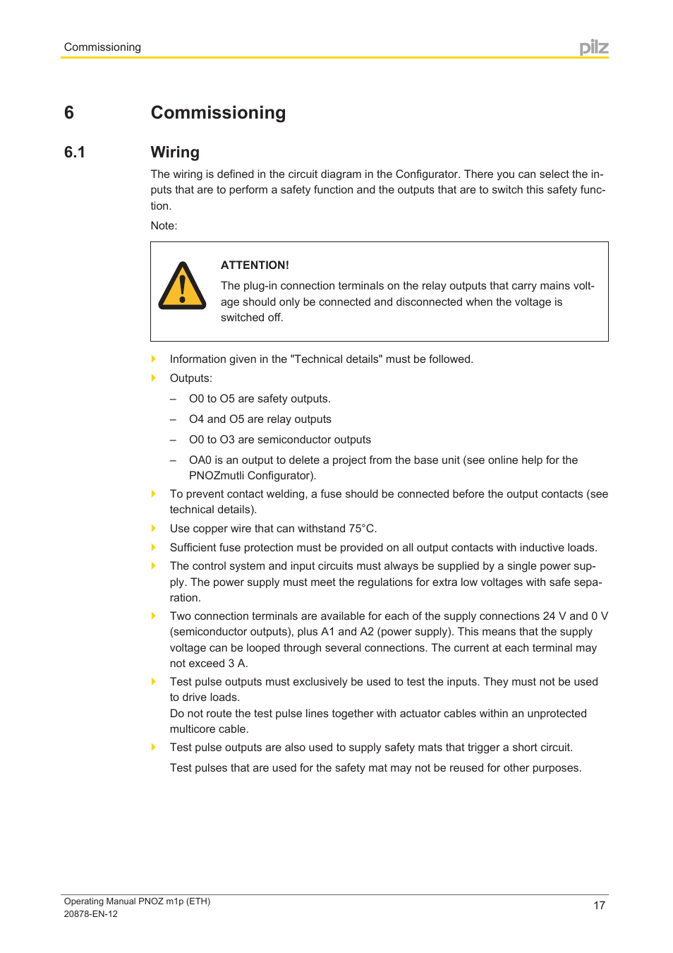 6 commissioning, 1 wiring, Section 6 | Commissioning, Wiring | Pilz PNOZ m1p base unit User Manual | Page 17 / 40