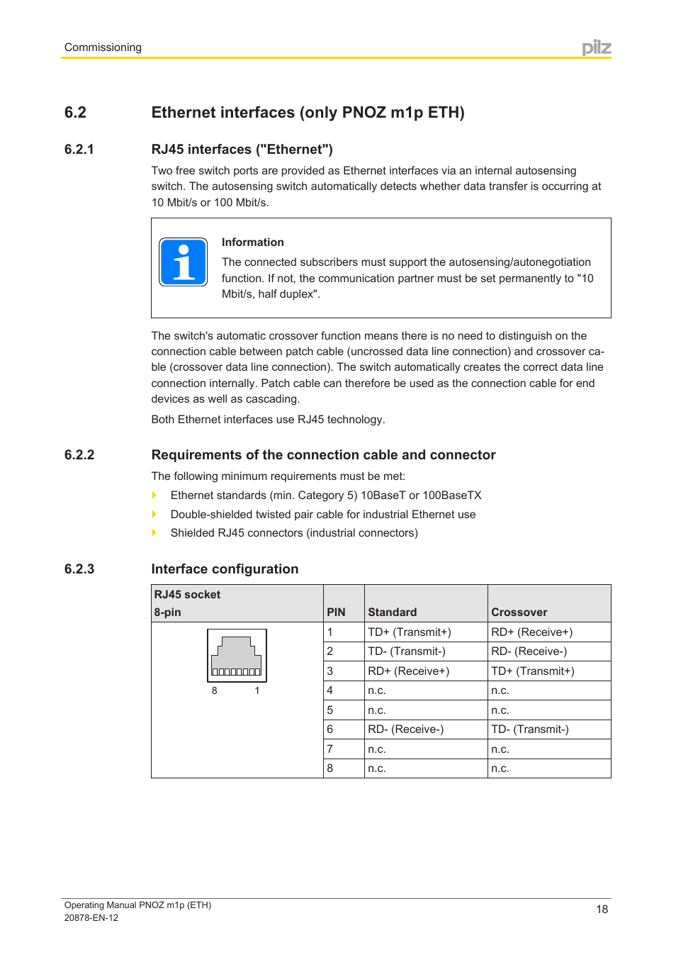 2 ethernet interfaces (only pnoz m1p eth), 1 rj45 interfaces ("ethernet"), 3 interface configuration | Ethernet interfaces (only pnoz m1p eth), Rj45 interfaces ("ethernet"), Requirements of the connection cable and connector, Interface configuration | Pilz PNOZ m1p base unit User Manual | Page 18 / 40