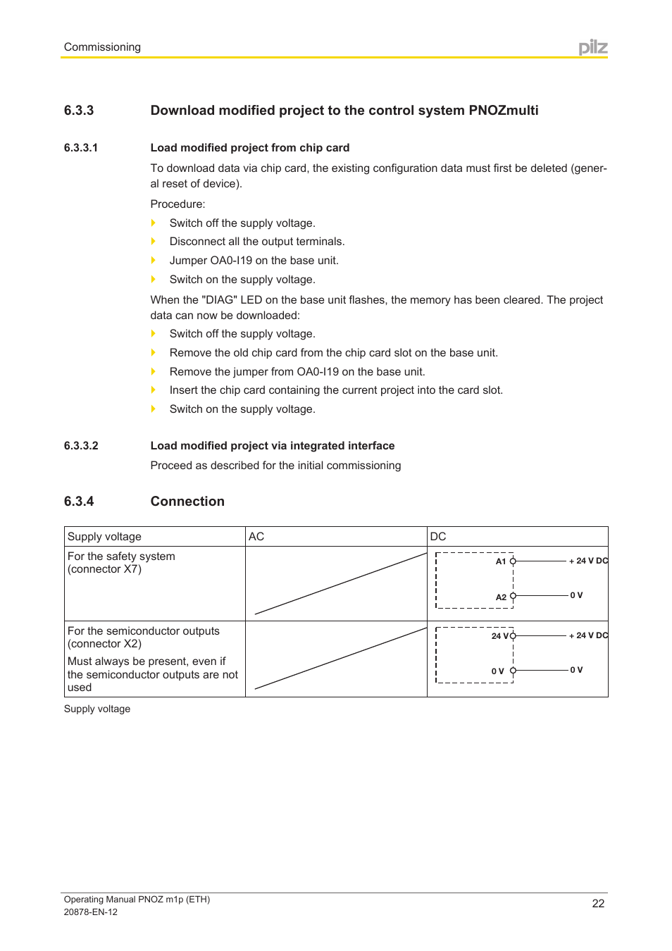 1 load modified project from chip card, 2 load modified project via integrated interface, 4 connection | Connection | Pilz PNOZ m1p base unit User Manual | Page 22 / 40