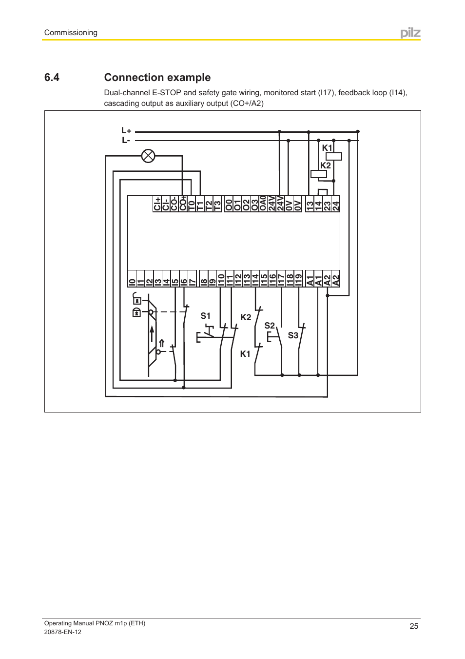 4 connection example, Connection example | Pilz PNOZ m1p base unit User Manual | Page 25 / 40