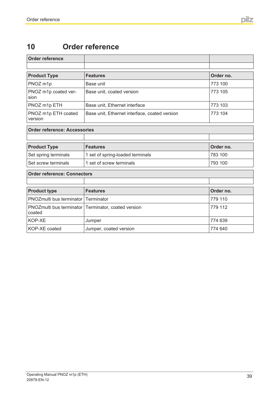 10 order reference, Section 10, Order reference | Pilz PNOZ m1p base unit User Manual | Page 39 / 40